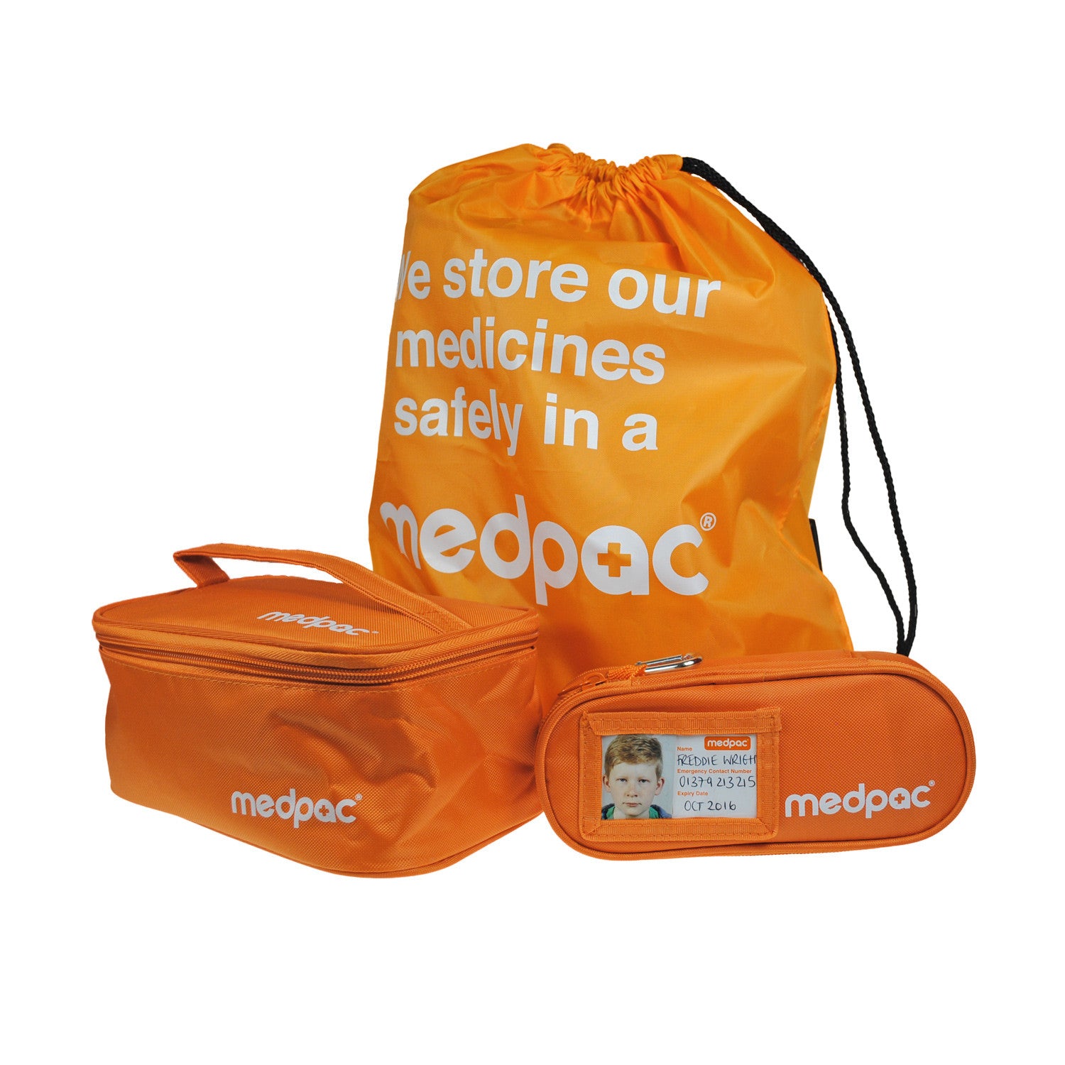 medpac drawstring bag front view with "we store our medicines safely in a medpac" print and a large and a small medpac in front