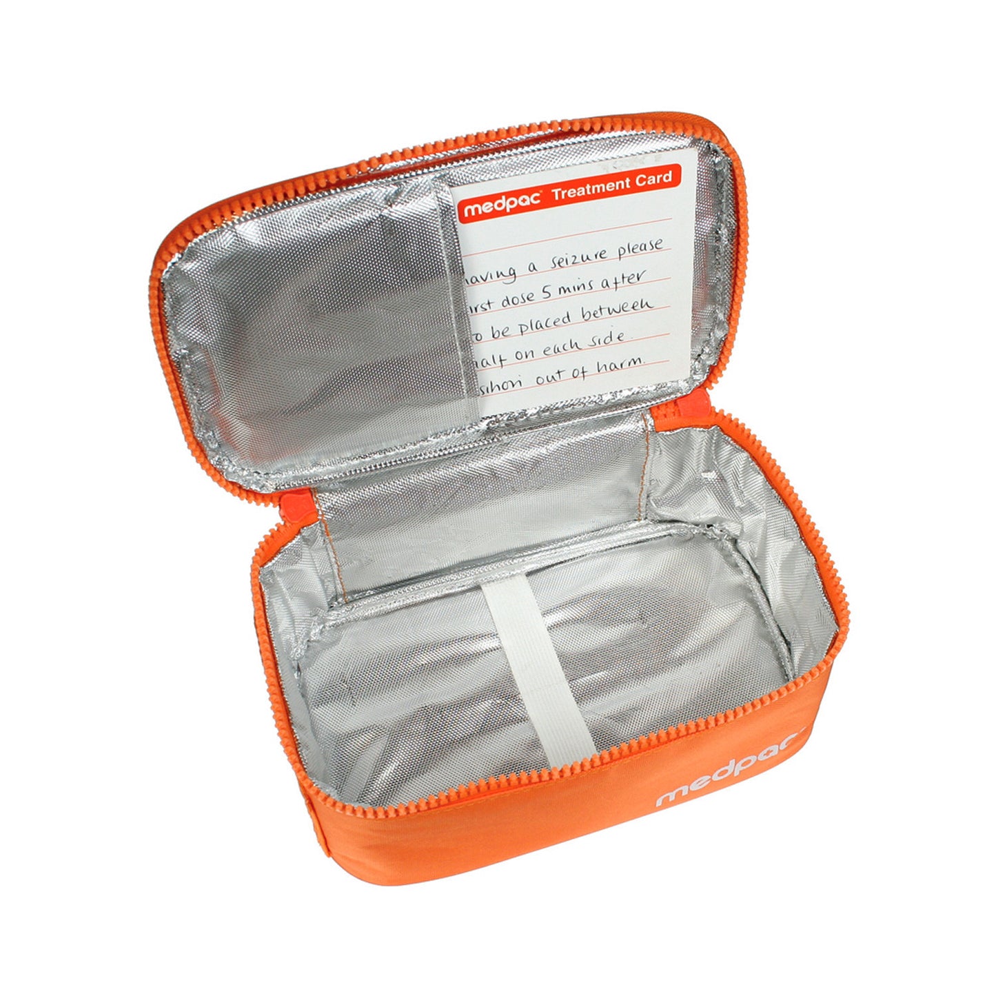 large medpac insulated open showing elastic strap and treatment card